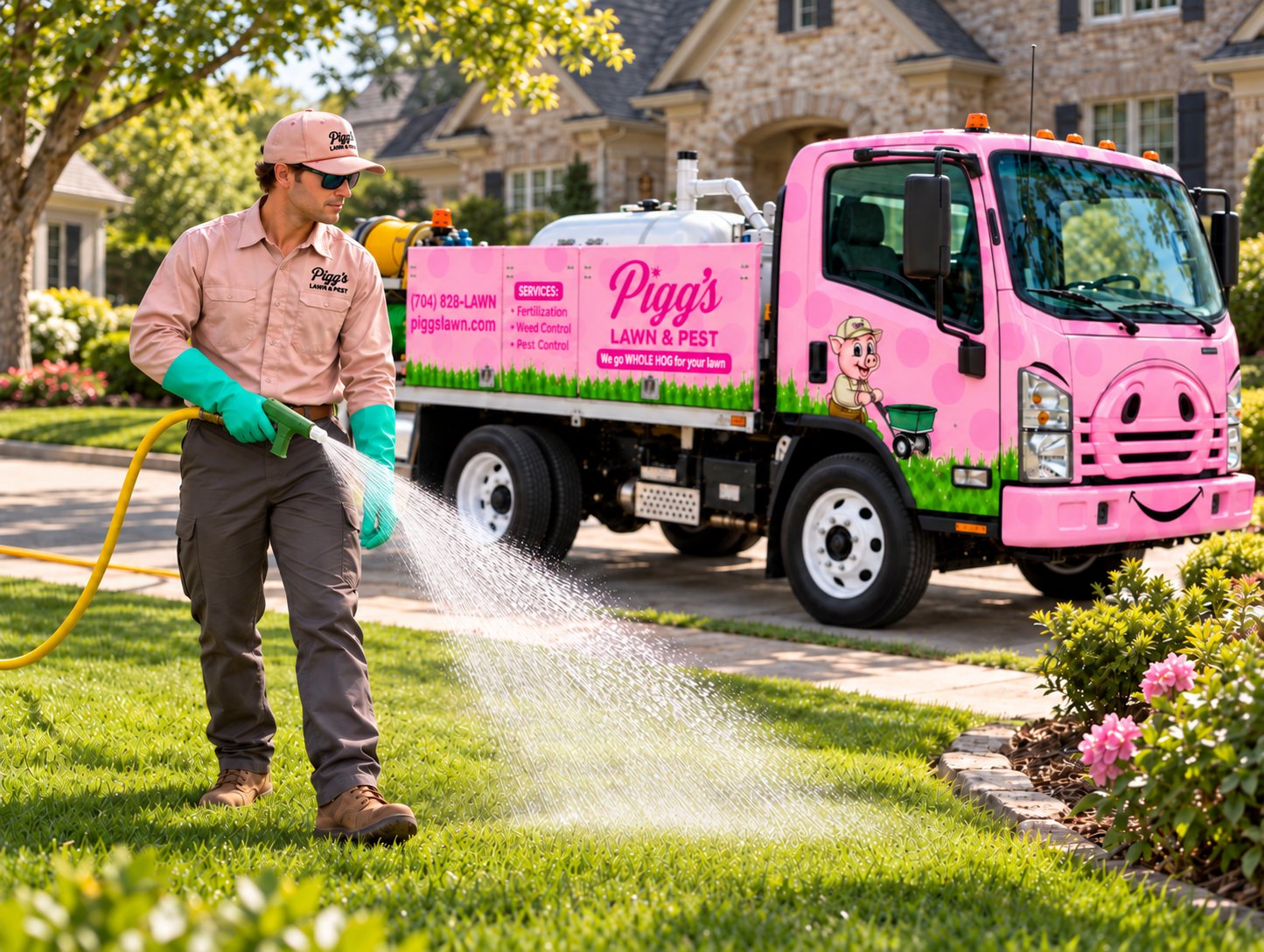 Pigg's technician spraying beside the pink Pigg's Lawn & Pest truck