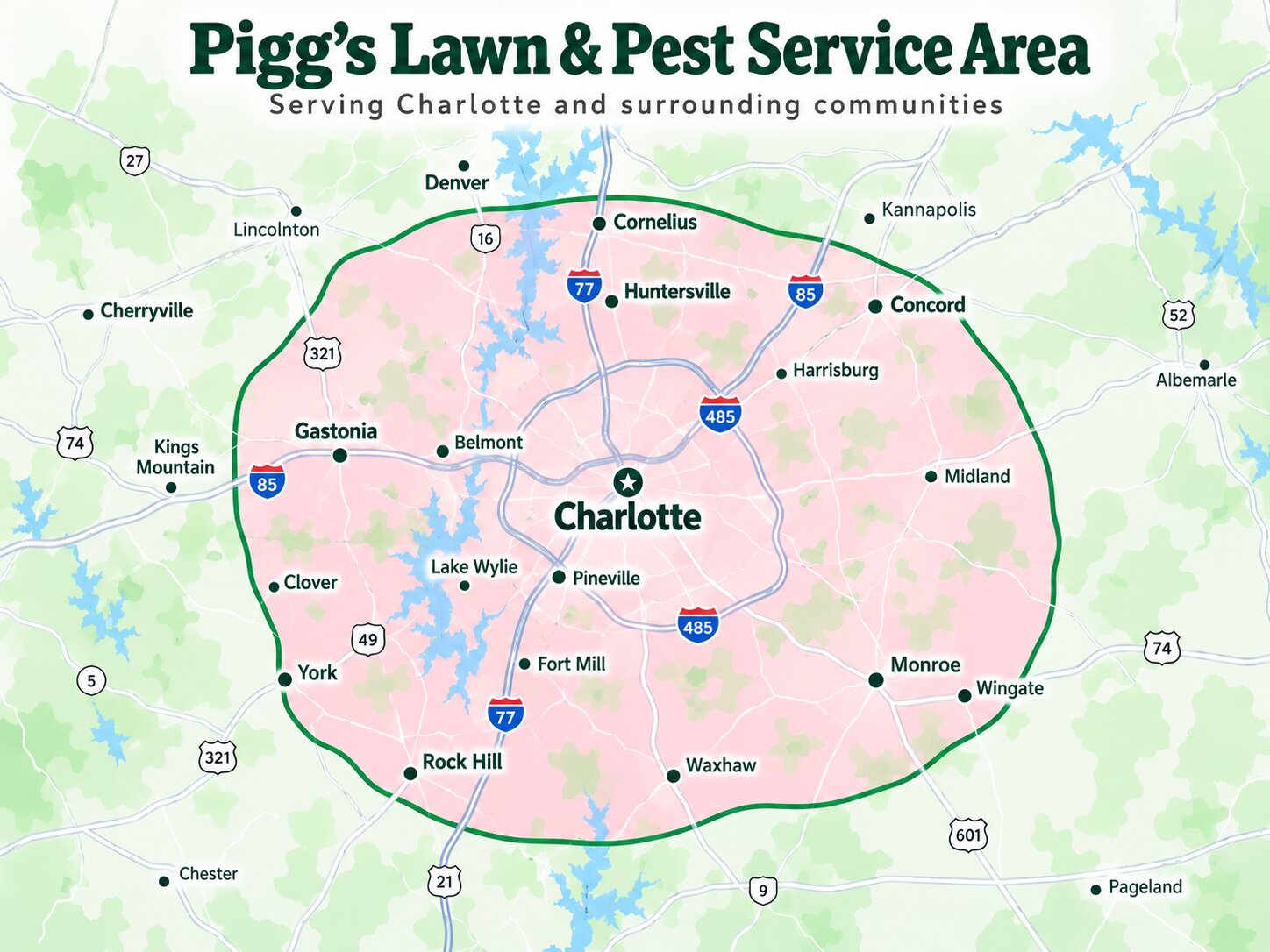 Pigg's Lawn & Pest service area map of greater Charlotte, NC, with the covered area shaded pink