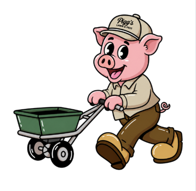 Pigg's mascot pushing a fertilizer spreader