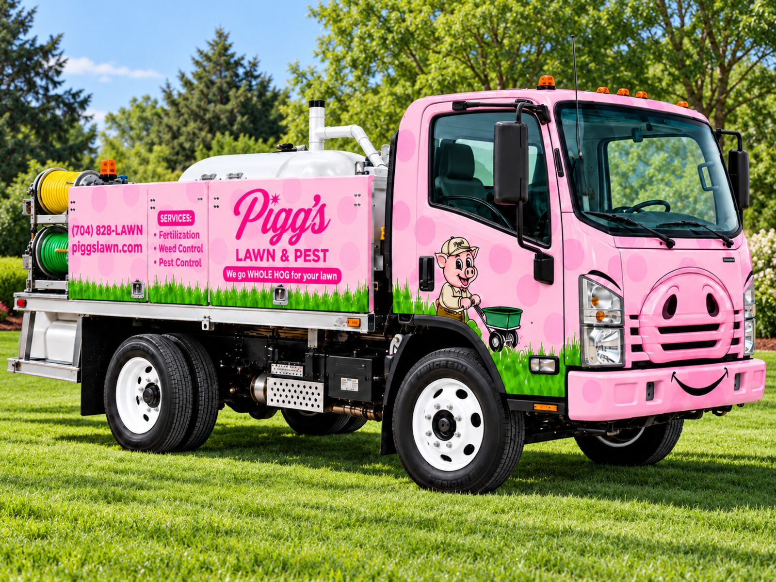 Pink Pigg's Lawn & Pest truck parked on a green suburban lawn