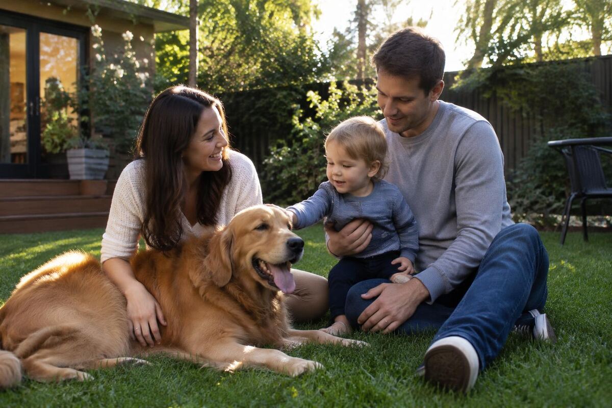 Family and their dog relaxing on a healthy backyard lawn